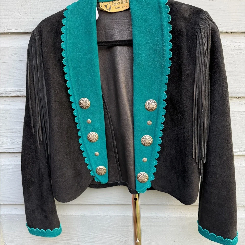 Turquoise and Black Women's Jacket with Fringe - Picture 1 of 2